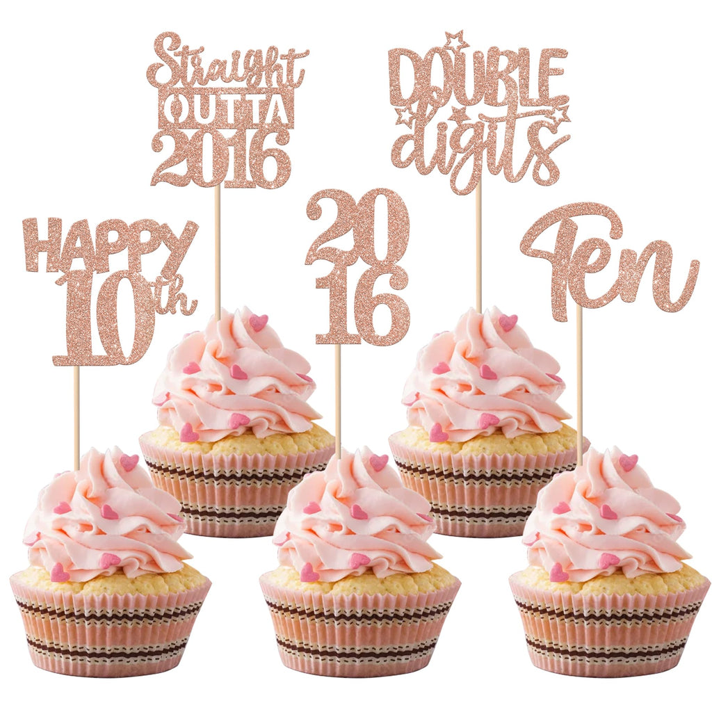 ZHUOWEISM 30Pcs Glitter Ten Happy 10th Birthday Cupcake Toppers, Straight Outta 2016, Rose Gold