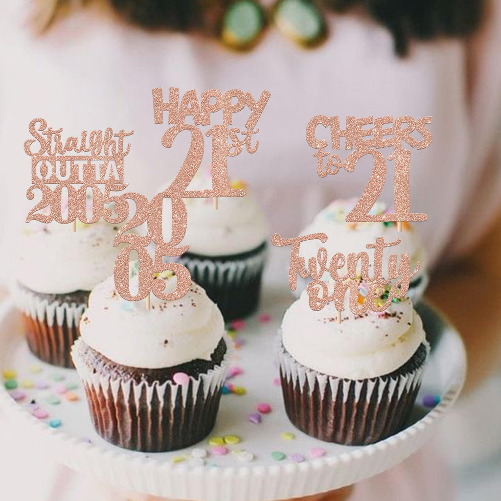 ZHUOWEISM 30Pcs Glitter 21st Birthday Cupcake Toppers – Rose Gold, Straight Outta 2005