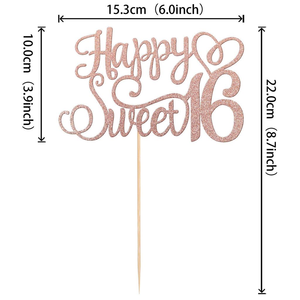 ZHUOWEISM Happy Sweet 16 Cake Topper – Rose Gold Glitter, 6x8.7 in