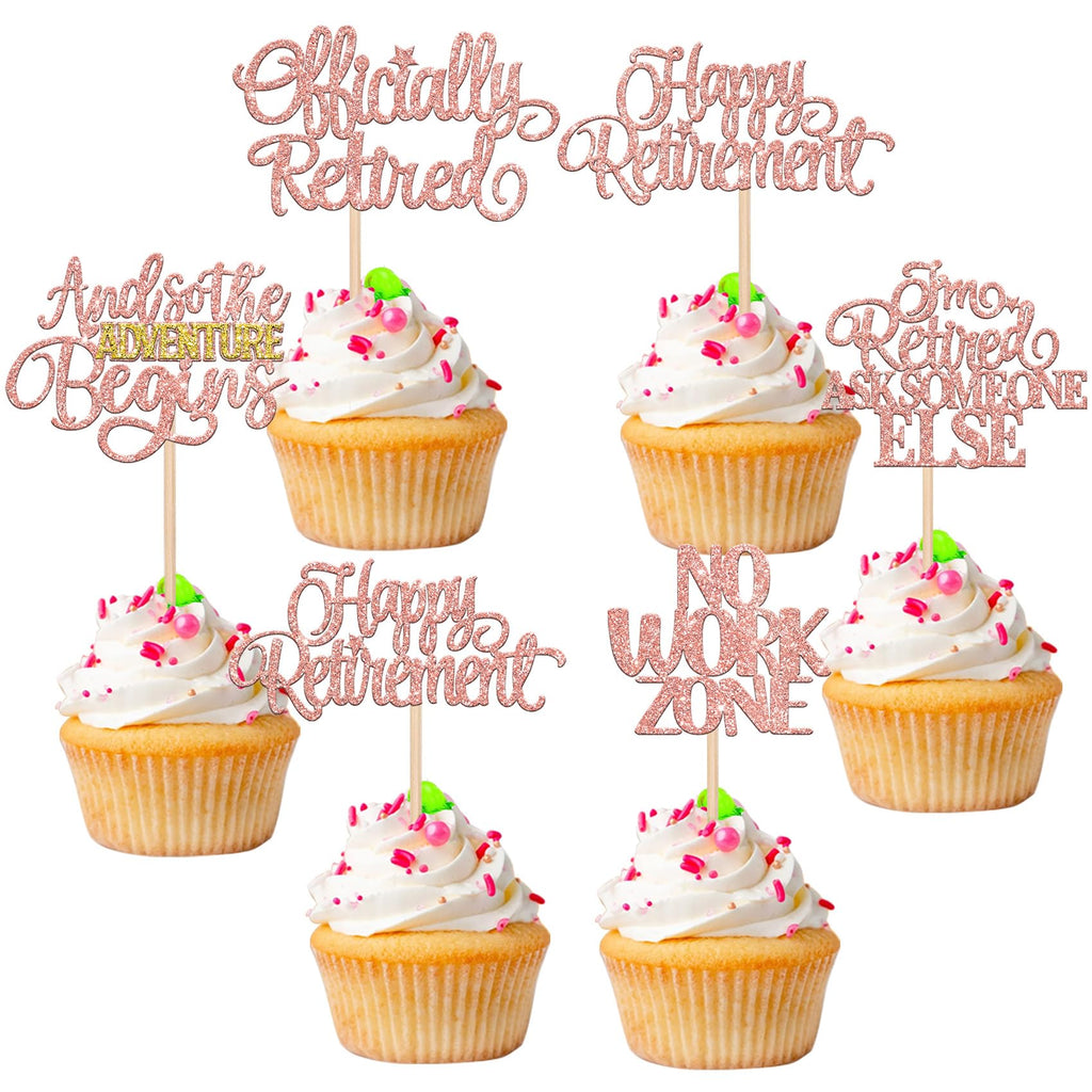 ZHUOWEISM 30 Pcs Happy Retirement Cupcake Toppers – Rose Gold & No Work Zone Adventure Begins