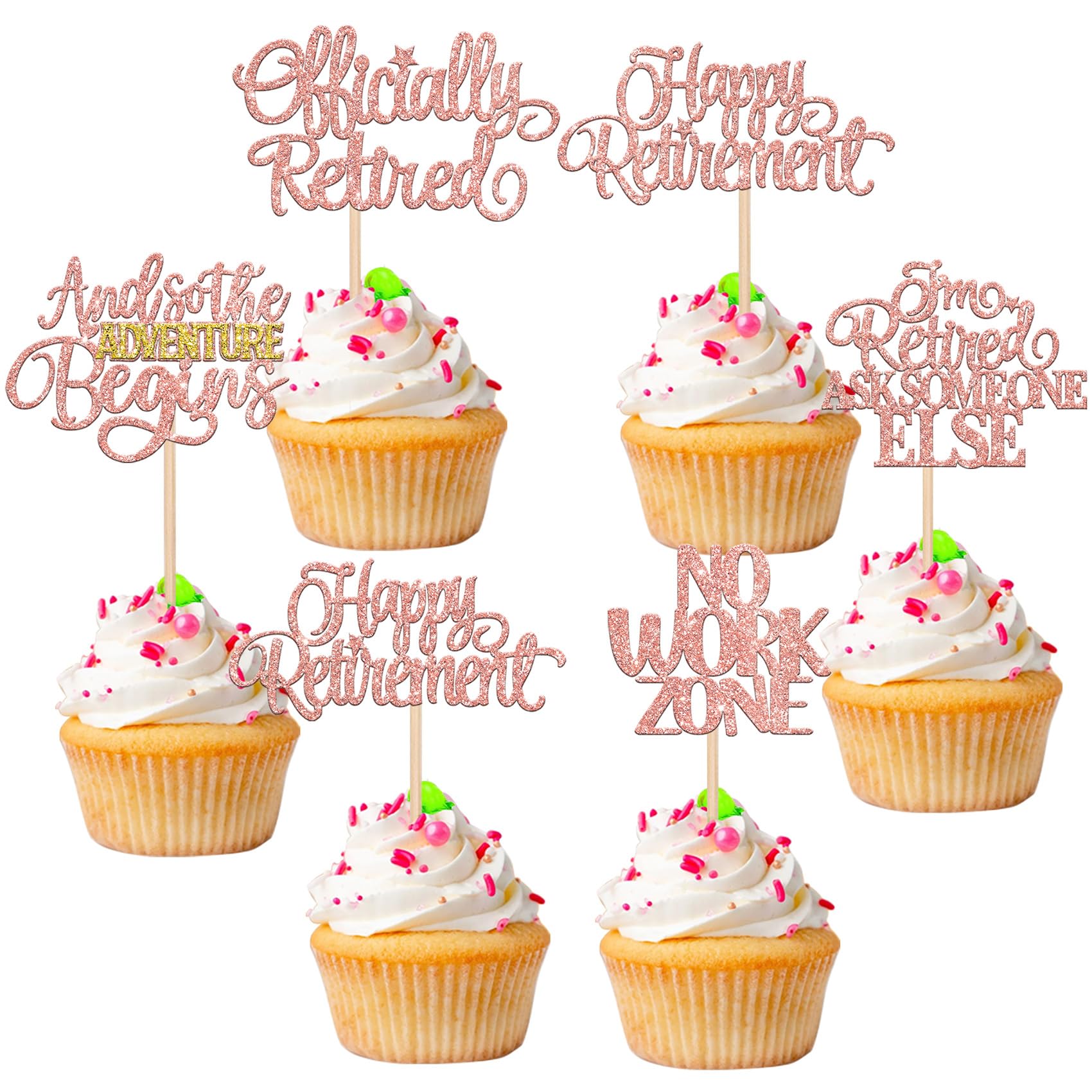 ZHUOWEISM 30 Pcs Happy Retirement Cupcake Toppers – Rose Gold & No Work Zone Adventure Begins