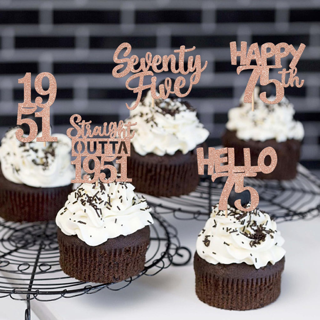 ZHUOWEISM 30Pcs 75th Birthday Cupcake Toppers Glitter Seventy Five - Straight Outta 1951 Rose Gold