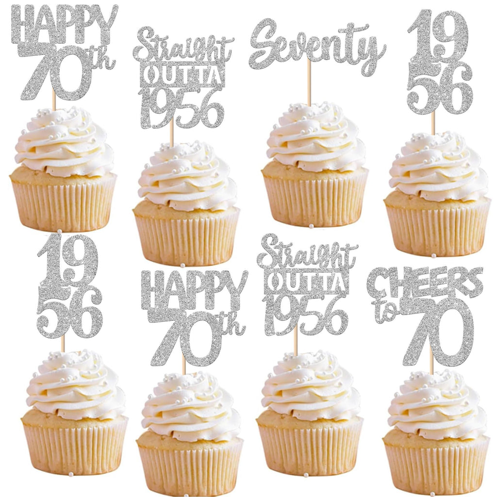 ZHUOWEISM 30 Pcs 70th Birthday Cupcake Toppers – Glitter Seventy Straight Outta 1956 Party Picks