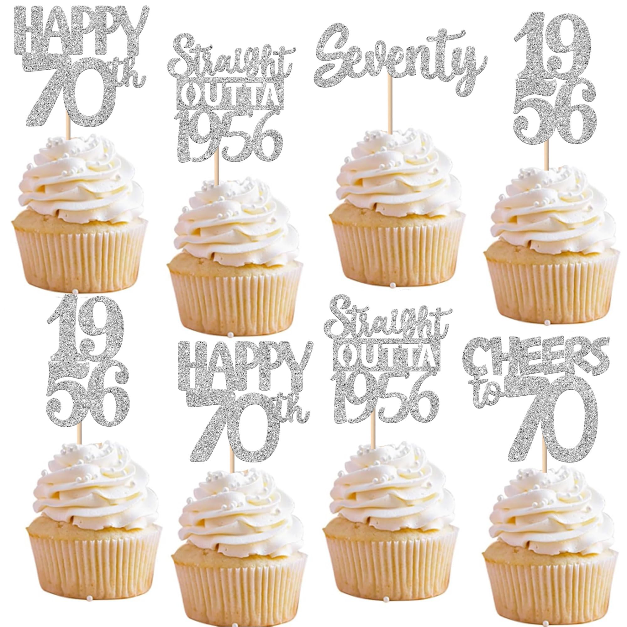 ZHUOWEISM 30 Pcs 70th Birthday Cupcake Toppers – Glitter Seventy Straight Outta 1956 Party Picks