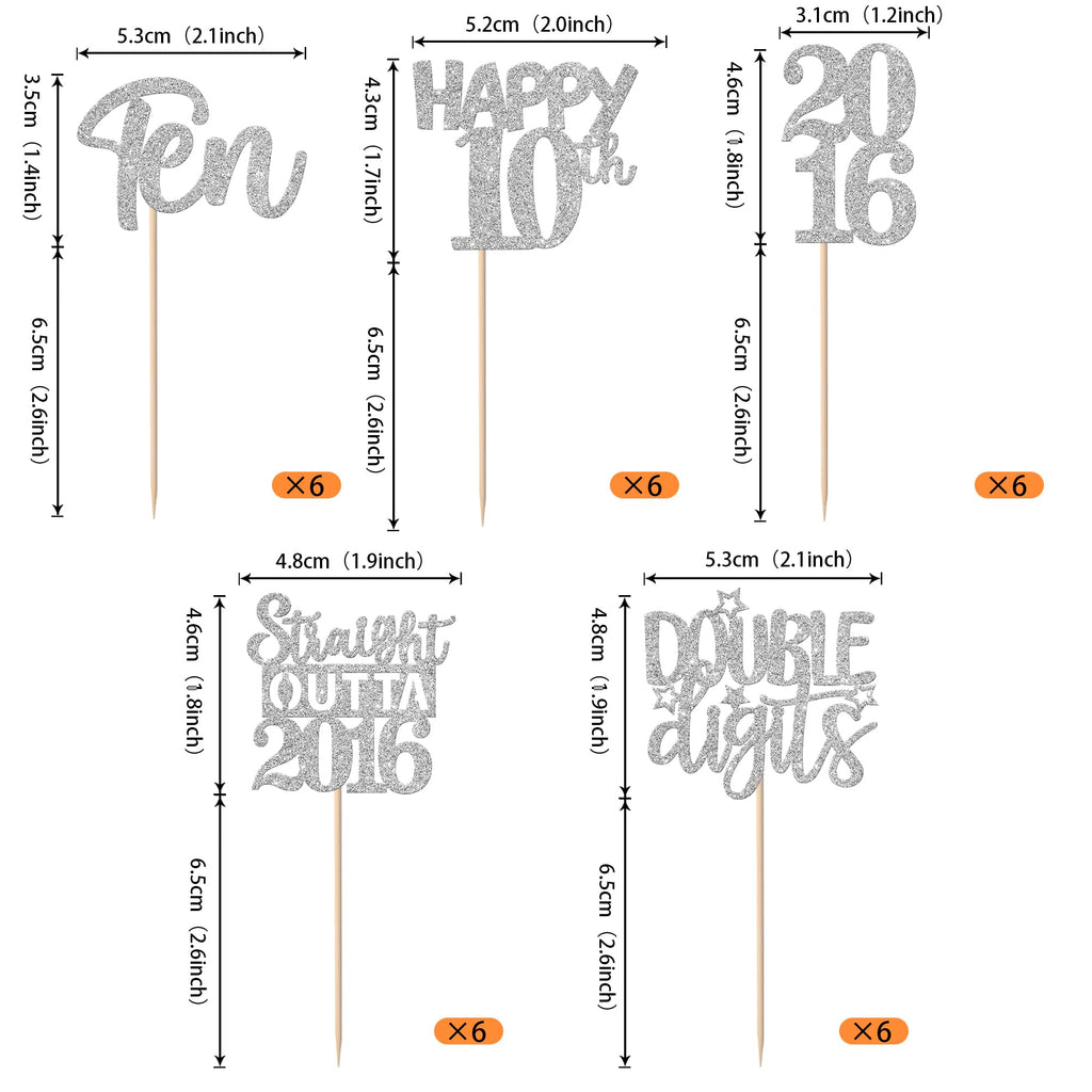 ZHUOWEISM 30Pcs Glitter Cupcake Toppers – Straight Outta 2016, 10th Birthday & Anniversary Picks, Silver