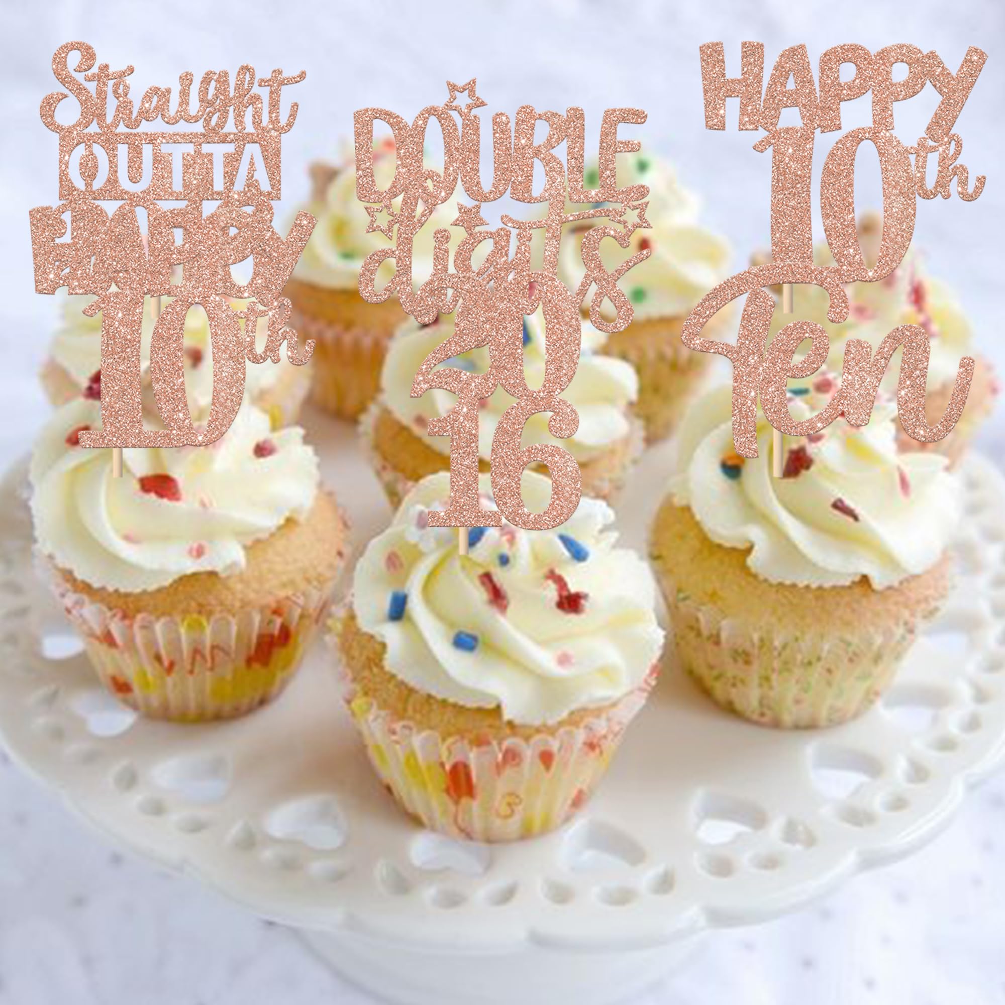 ZHUOWEISM 30Pcs Glitter Ten Happy 10th Birthday Cupcake Toppers, Straight Outta 2016, Rose Gold