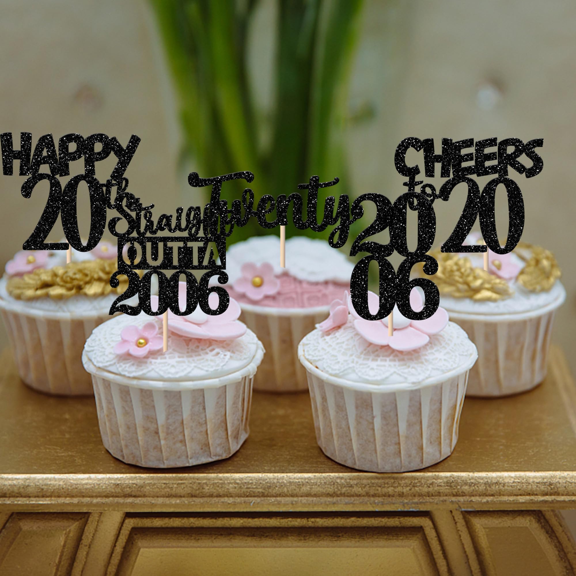 ZHUOWEISM 30pc Black Glitter Cupcake Toppers – Straight Outta 2006, 20th Birthday Party Decor