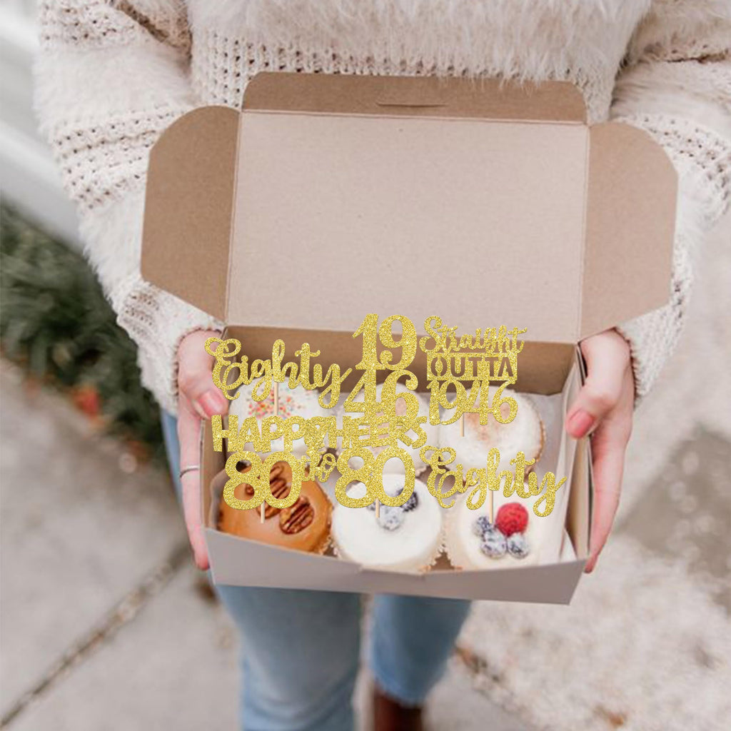 ZHUOWEISM 30Pcs Happy 80th Birthday Cupcake Toppers – Gold Glitter Eighty Straight Outta 1946