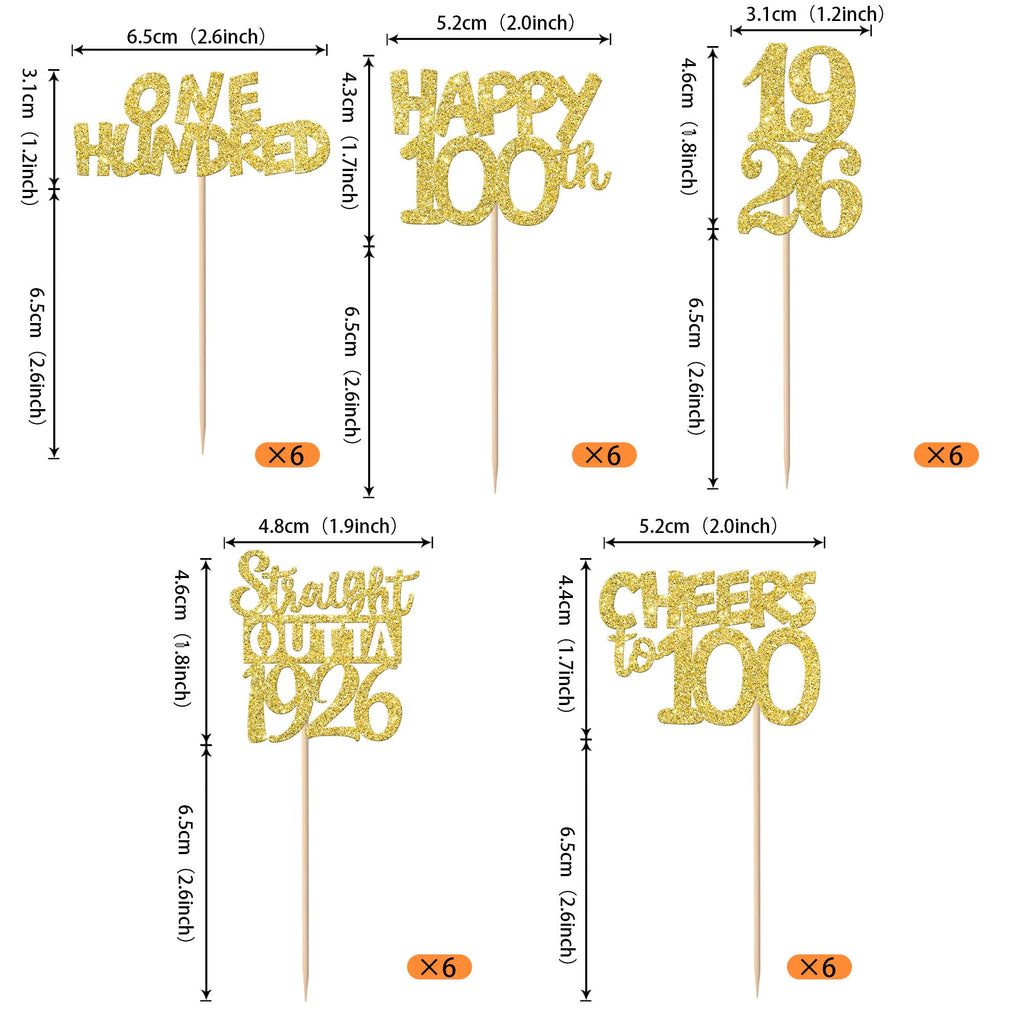 ZHUOWEISM 30PCS Happy 100th Birthday Cupcake Toppers | Gold Glitter, 1926 Theme