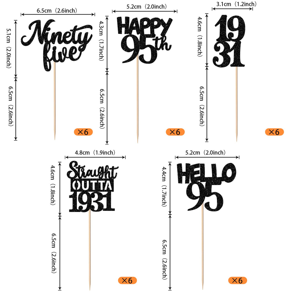 ZHUOWEISM 30-Pack Black 95th Birthday Cupcake Toppers – Glitter Nighty Five, Straight Outta 1931 Party Picks
