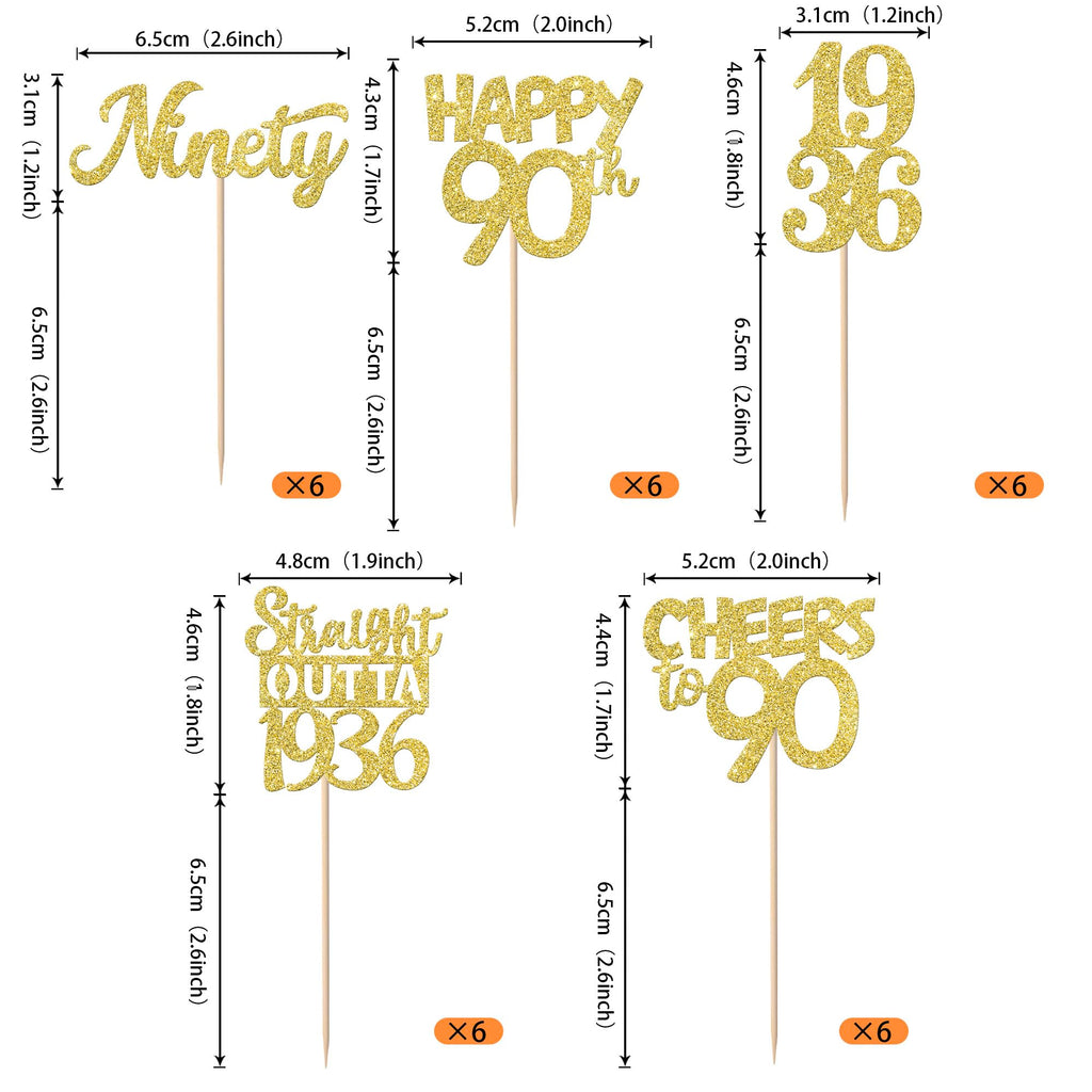 ZHUOWEISM 30Pcs Happy 90th Birthday Cupcake Toppers | Gold Glitter | Straight Outta 1936 - 90 Fabulous Cake Decorations