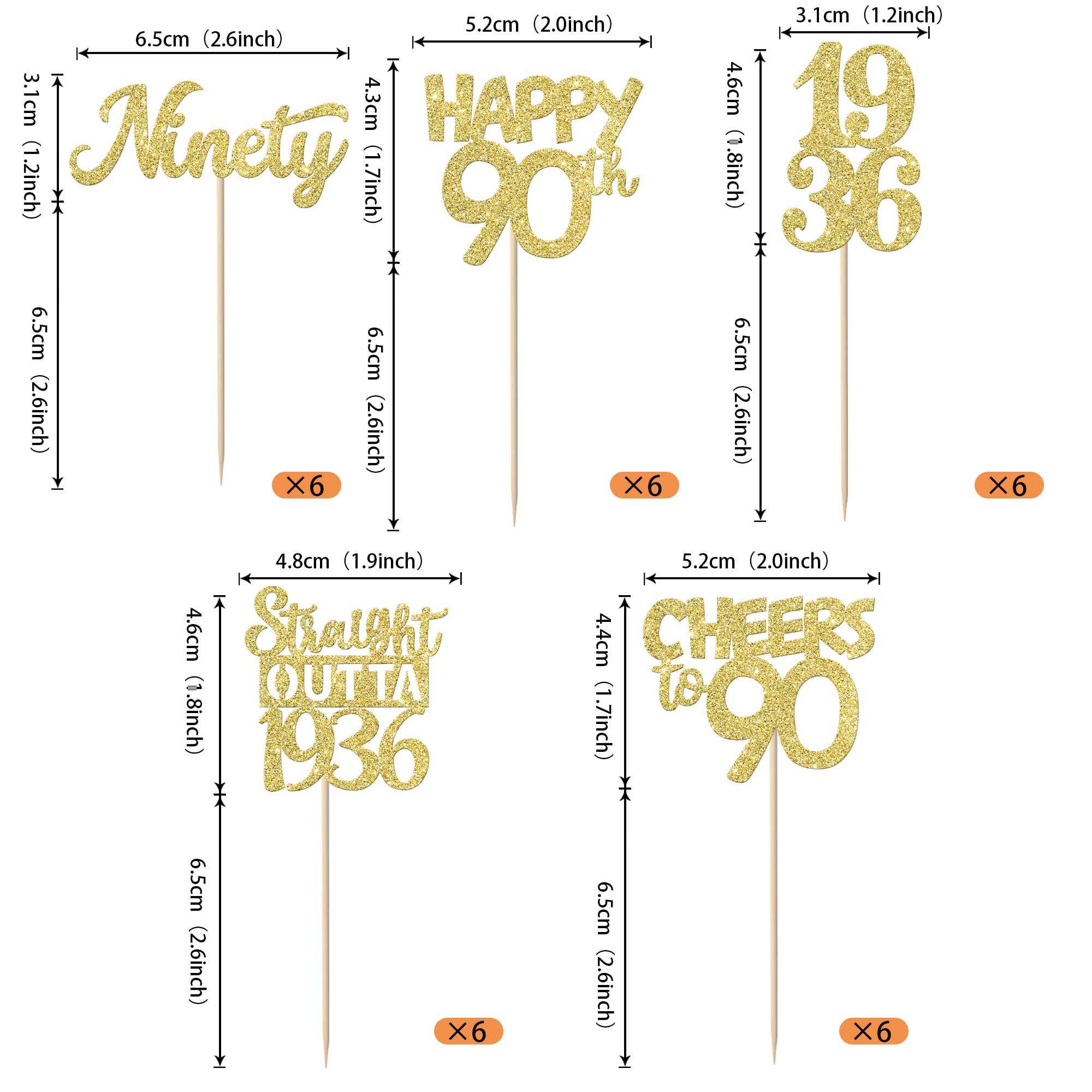 ZHUOWEISM 30Pcs Happy 90th Birthday Cupcake Toppers | Gold Glitter | Straight Outta 1936 - 90 Fabulous Cake Decorations