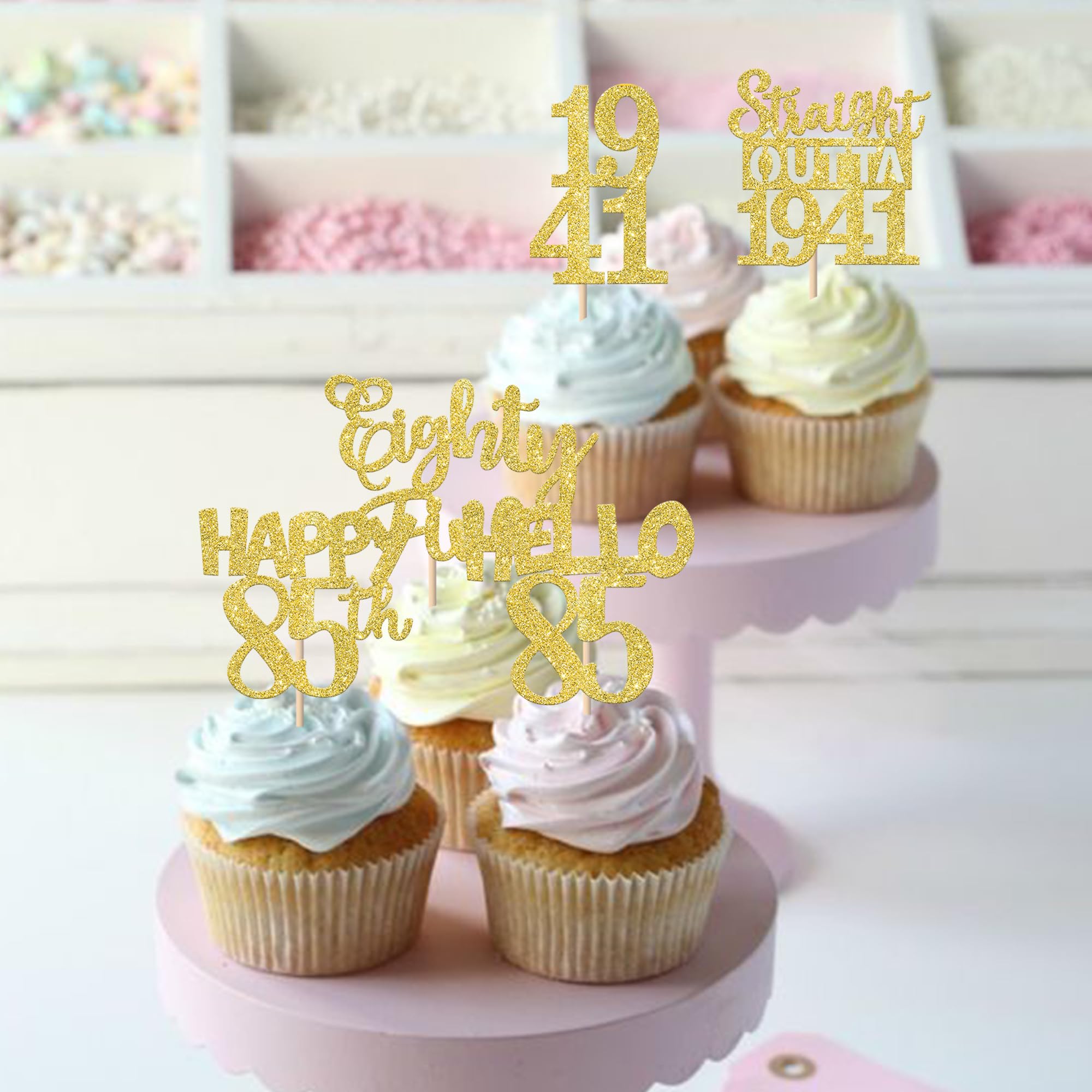 ZHUOWEISM 30Pcs Straight Outta 1941 Cupcake Toppers – Gold Glitter 85th Birthday Picks