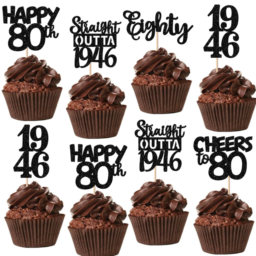 ZHUOWEISM 30Pcs Black Glitter 80th Birthday Cupcake Toppers — Straight Outta 1946 Party Picks