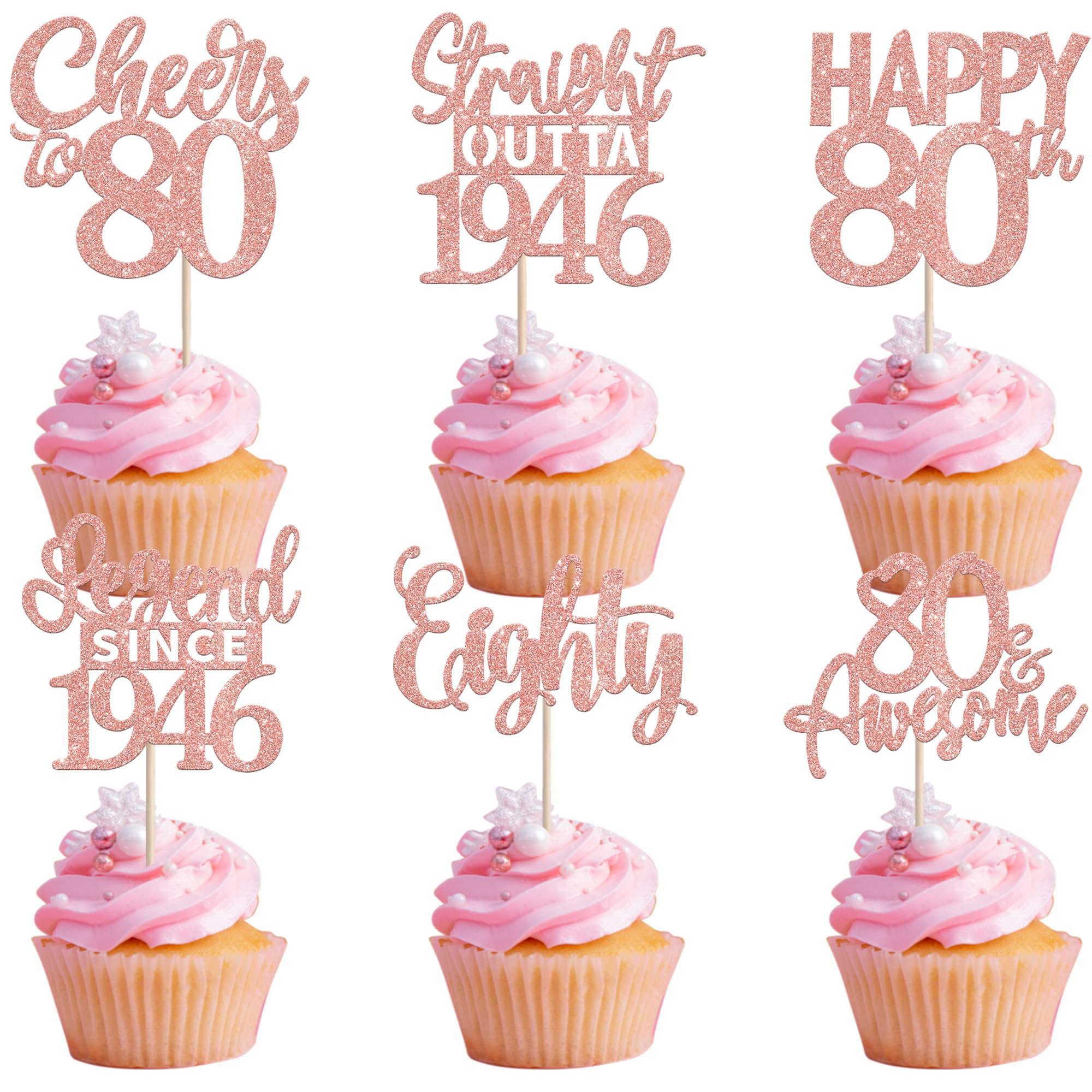 ZHUOWEISM 24Pcs Happy 80th Birthday Cupcake Toppers – Straight Outta 1946 (Rose Gold Glitter)