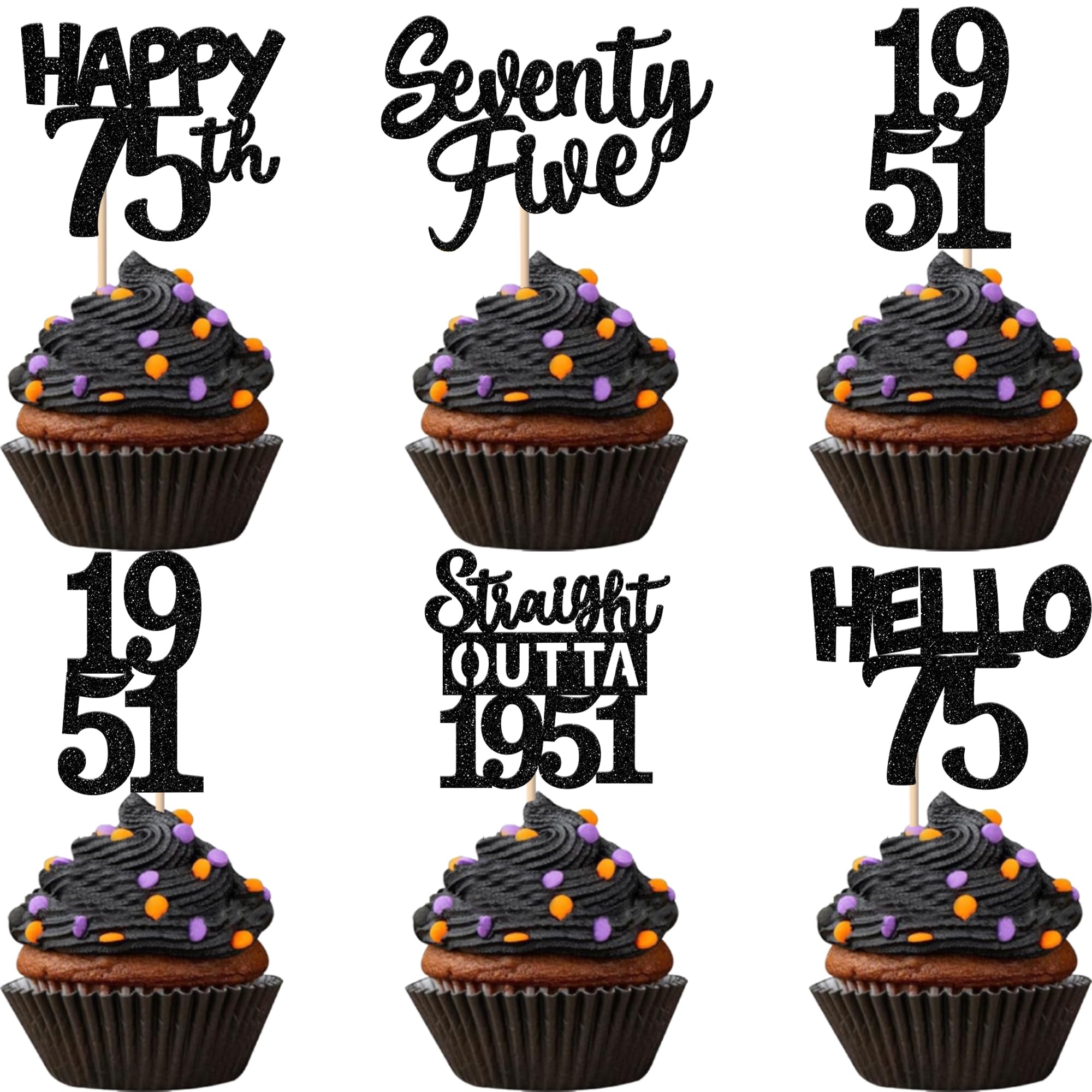 ZHUOWEISM 30Pcs Black Glitter 75th Birthday Cupcake Toppers – Straight Outta 1951 Party Picks