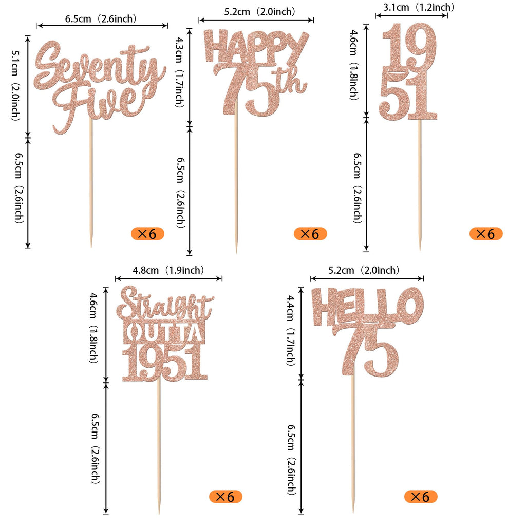 ZHUOWEISM 30Pcs 75th Birthday Cupcake Toppers Glitter Seventy Five - Straight Outta 1951 Rose Gold