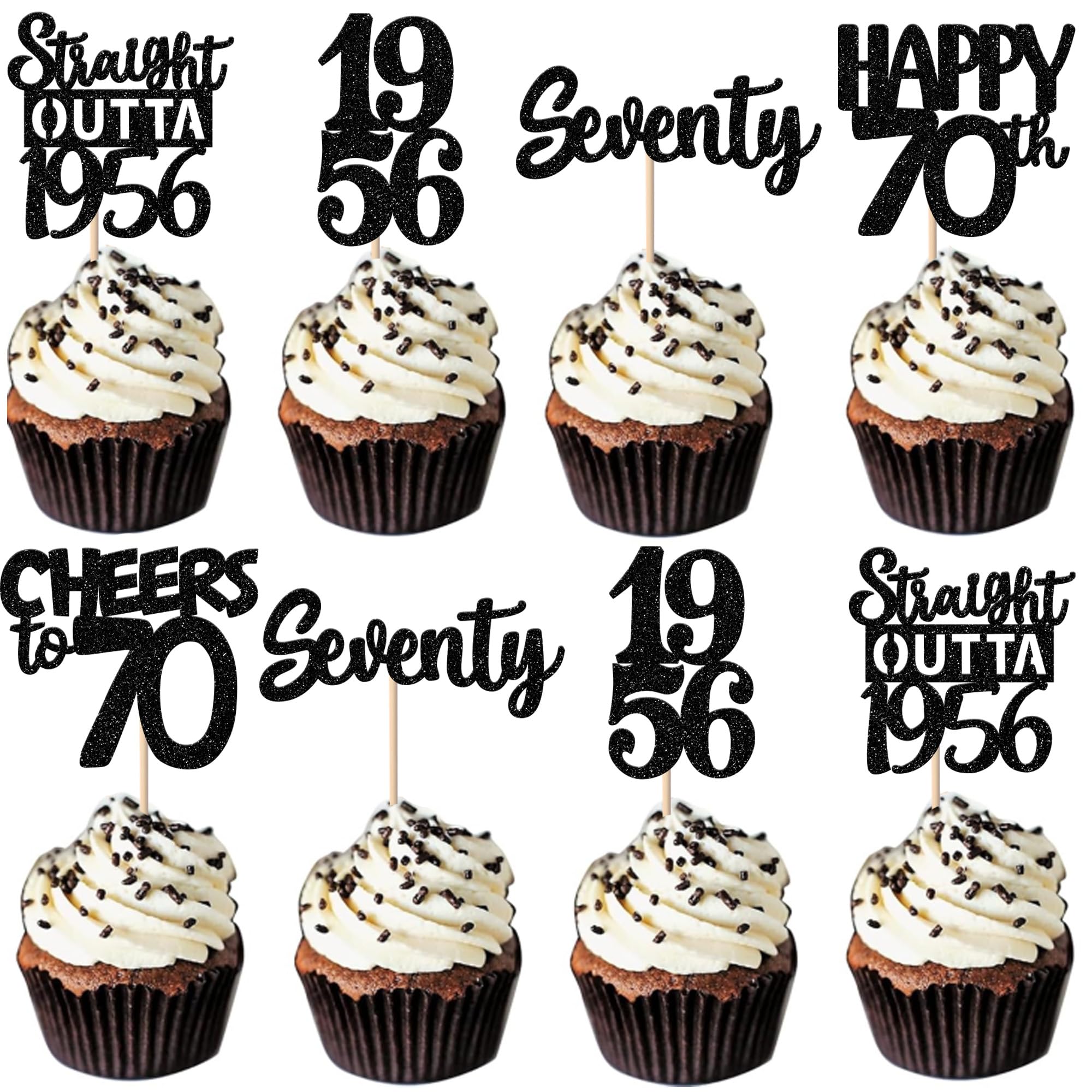 ZHUOWEISM 30Pcs Black Glitter 70th Birthday Cupcake Toppers – Straight Outta 1956