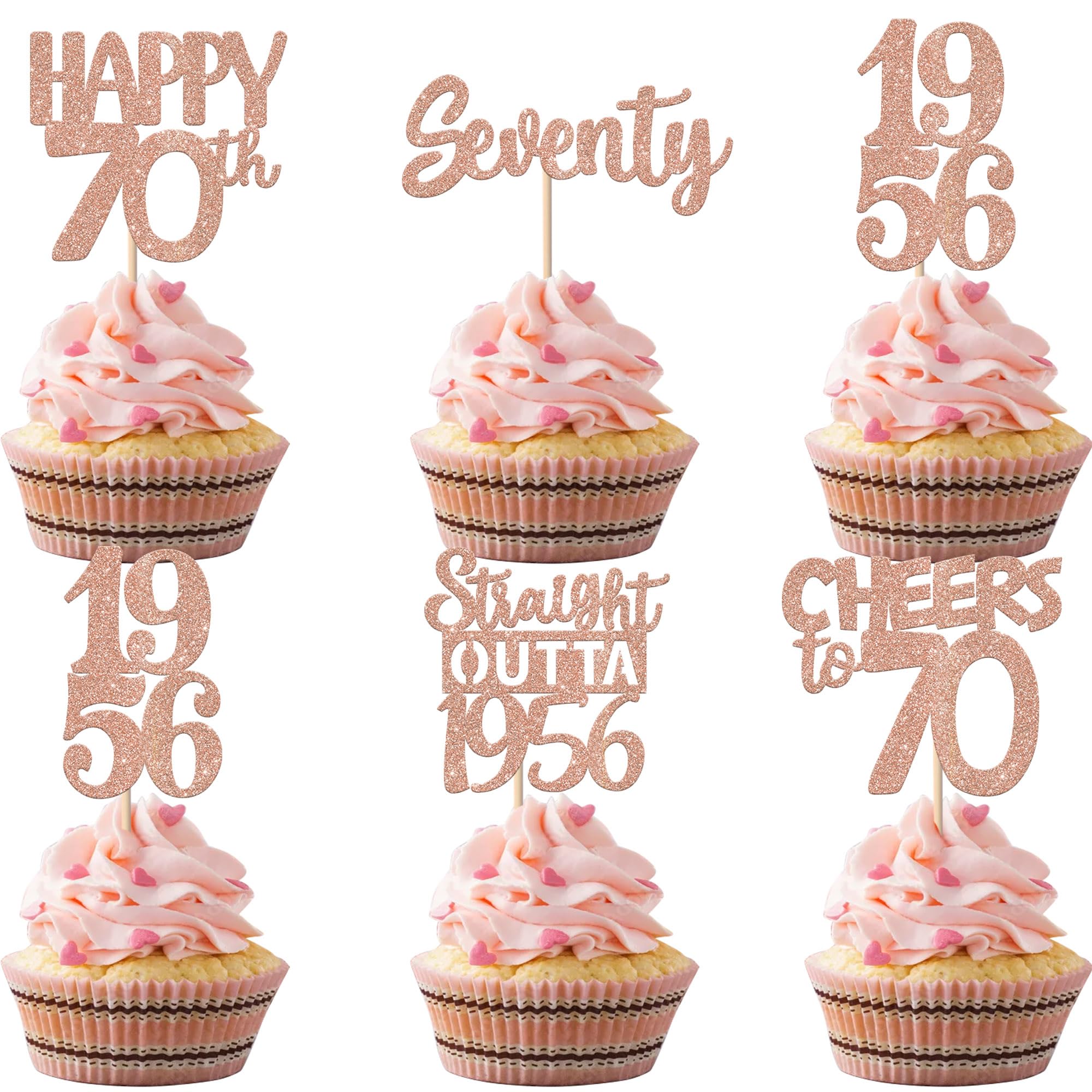 ZHUOWEISM 30PCS 70th Birthday Cupcake Toppers – Glitter Rose Gold, Straight Outta 1956