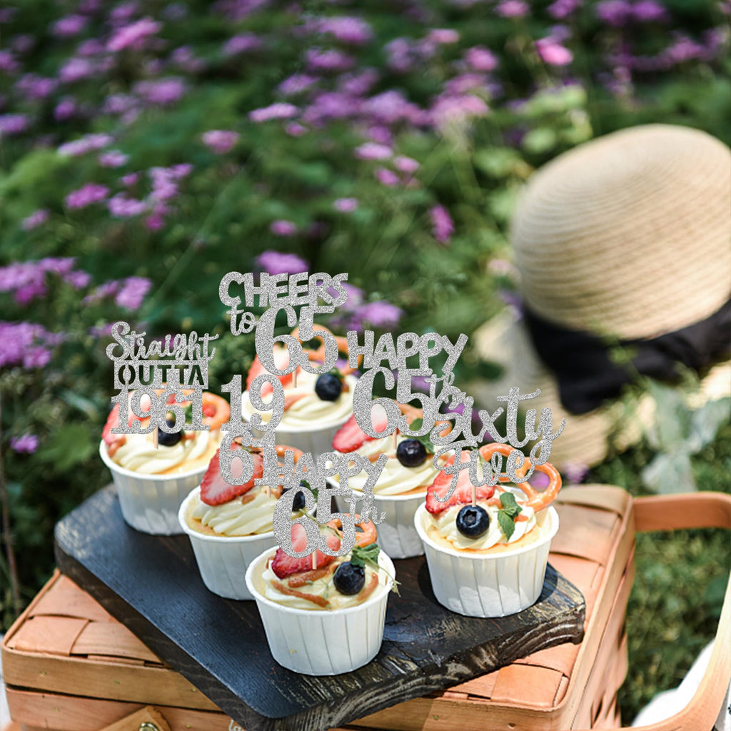ZHUOWEISM 30 PCS 65th Birthday Cupcake Toppers Glitter Silver - Straight Outta 1961 Party Picks