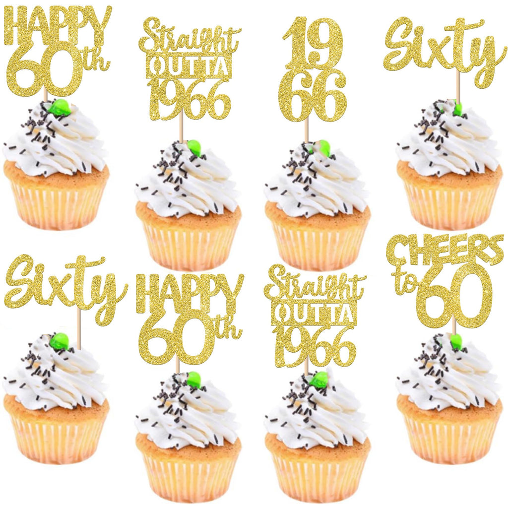 Zhuoweism 30Pcs Gold Glitter 1966 Cupcake Toppers for 60th Birthday Parties