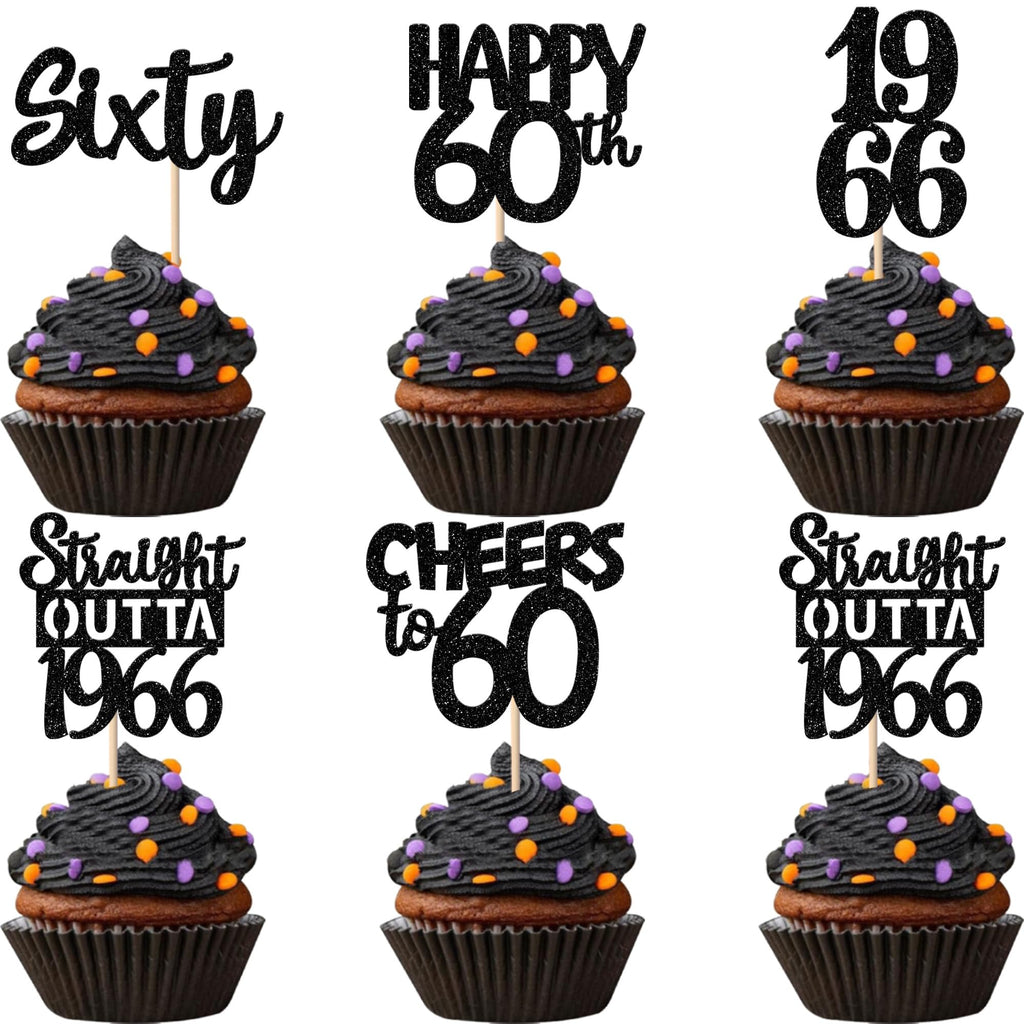 ZHUOWEISM 30Pcs Black Glitter Cupcake Toppers — Straight Outta 1966, 60th Birthday & Anniversary