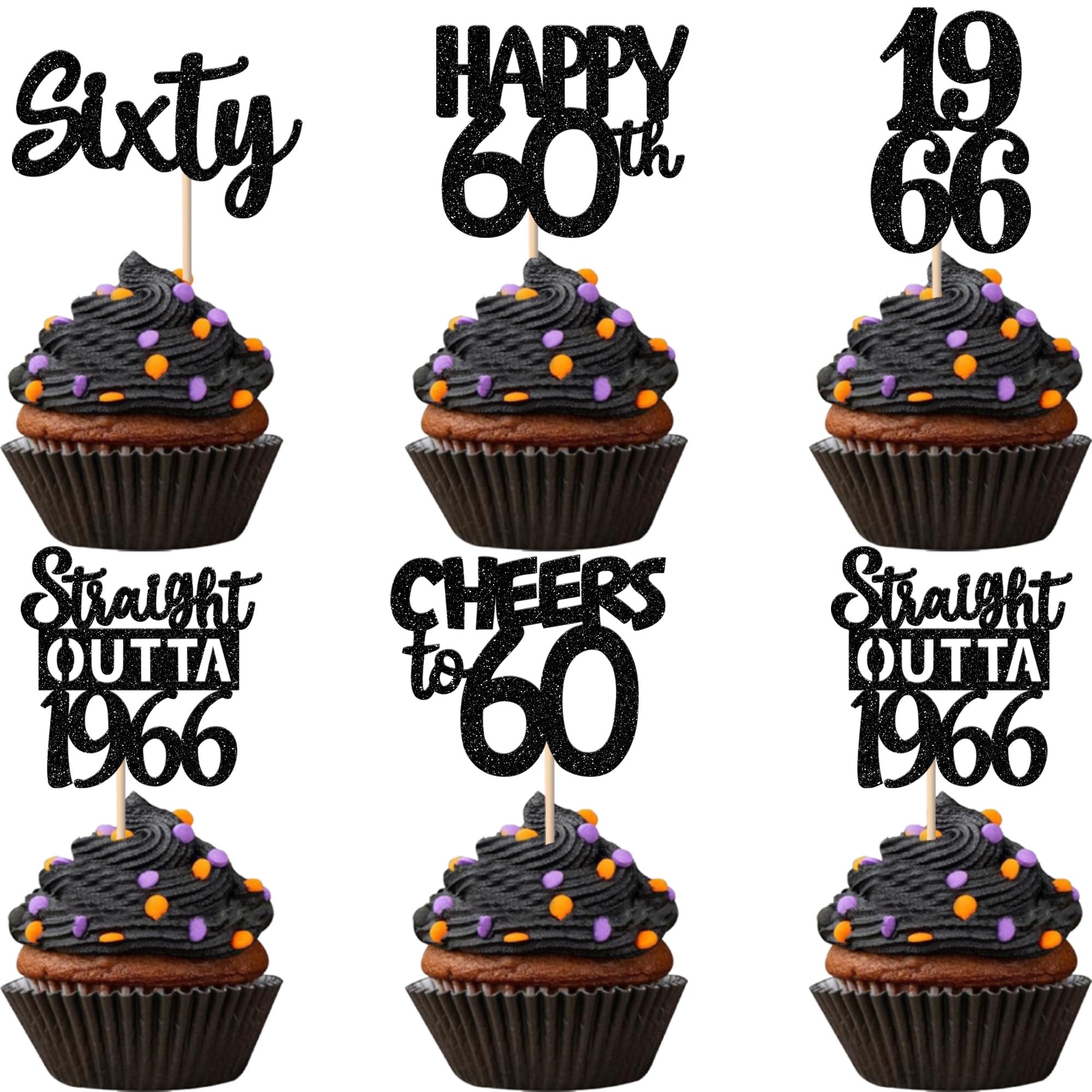 ZHUOWEISM 30Pcs Black Glitter Cupcake Toppers — Straight Outta 1966, 60th Birthday & Anniversary