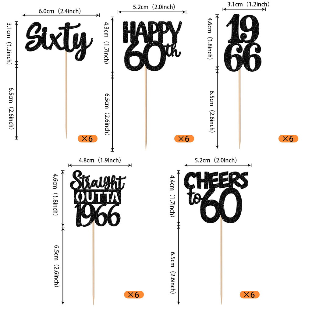 ZHUOWEISM 30Pcs Black Glitter Cupcake Toppers — Straight Outta 1966, 60th Birthday & Anniversary