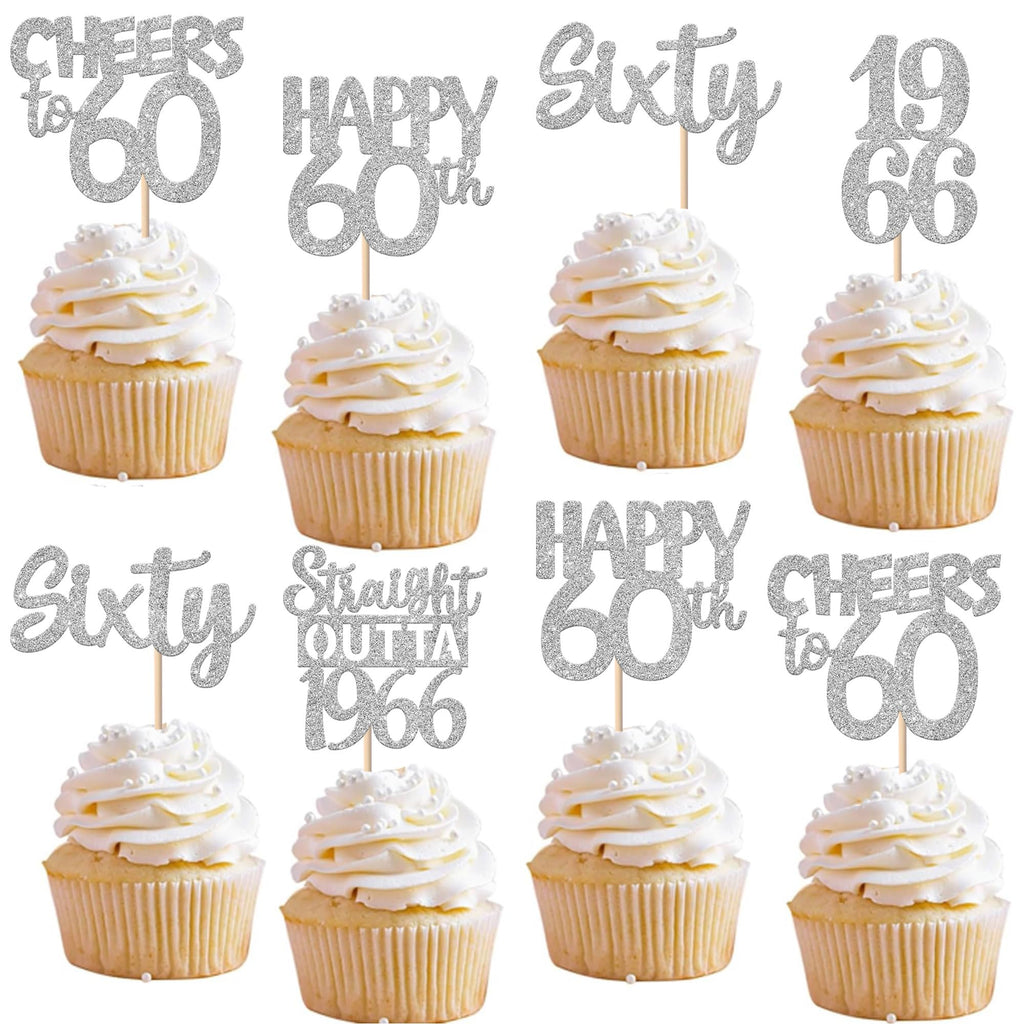 ZHUOWEISM 30Pcs 60th Birthday Cupcake Toppers Glitter Silver – Straight Outta 1966