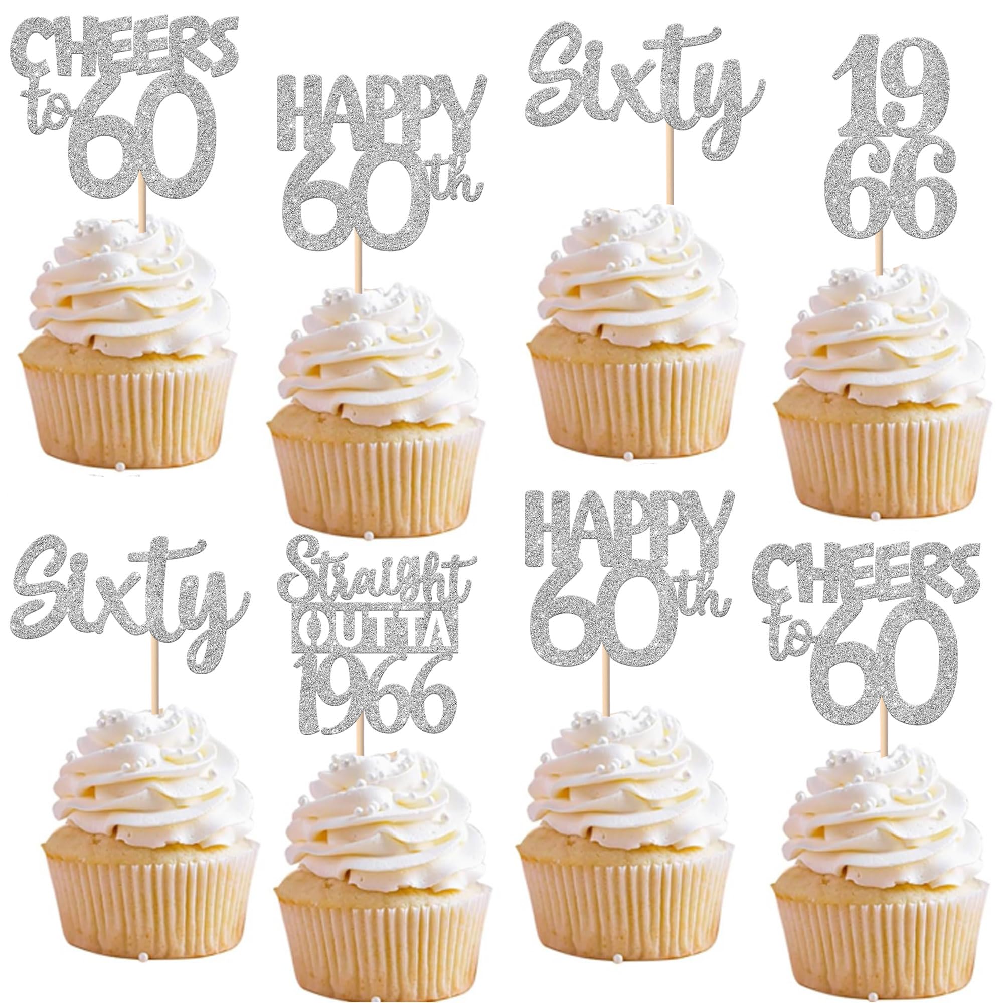 ZHUOWEISM 30Pcs 60th Birthday Cupcake Toppers Glitter Silver – Straight Outta 1966