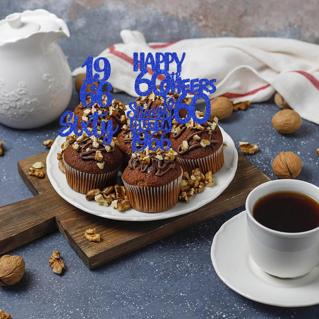 ZHUOWEISM 30 PCS 60th Birthday Cupcake Toppers – Glitter Straight Outta 1966, Blue