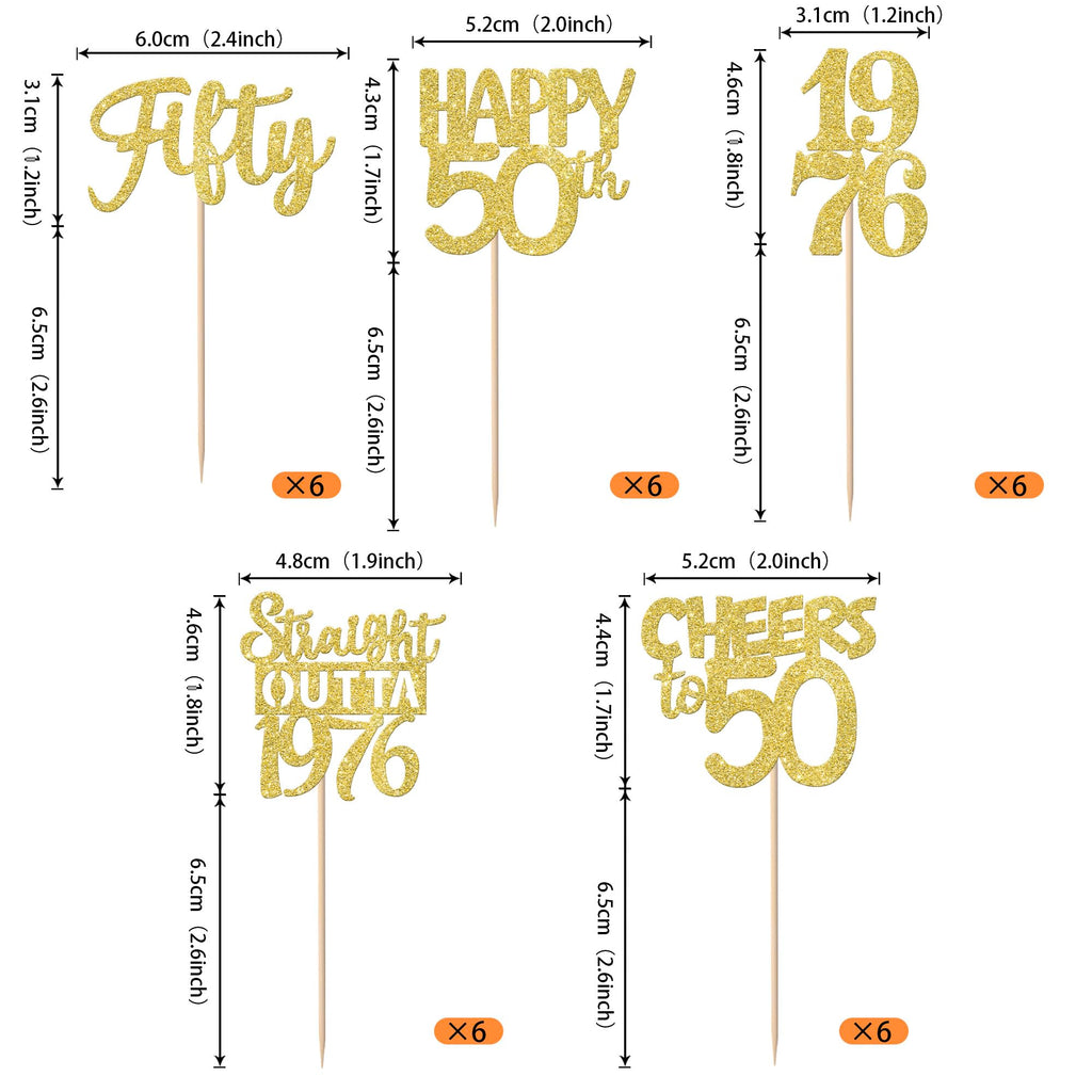 ZHUOWEISM 30Pcs Happy 50th Birthday Cupcake Toppers – Gold Glitter, Straight Outta 1976