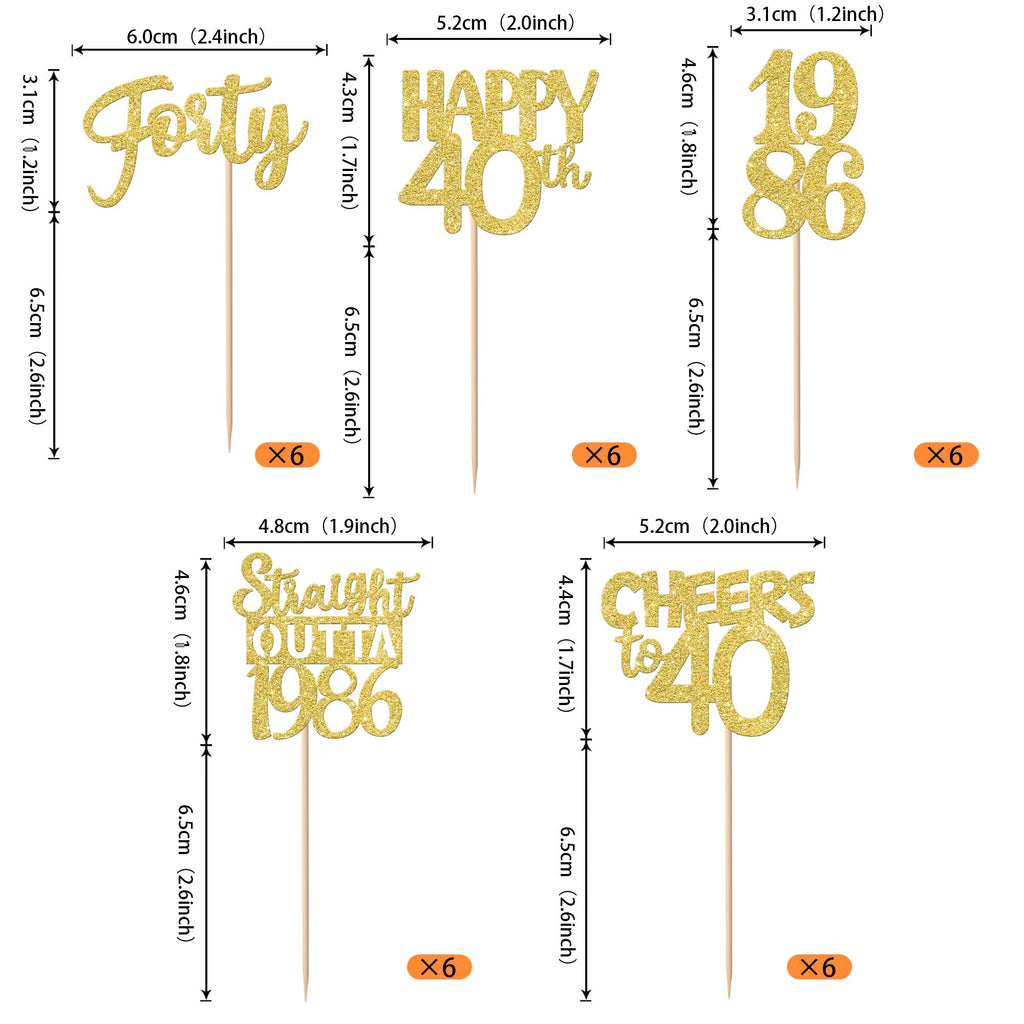 ZHUOWEISM 30PCS Straight Outta 1986 Gold Glitter Cupcake Toppers – 40th Birthday Party Decorations
