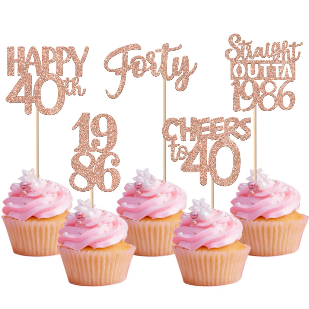 ZHUOWEISM 30Pcs Glitter 40th Birthday Cupcake Toppers — Straight Outta 1986, Rose Gold