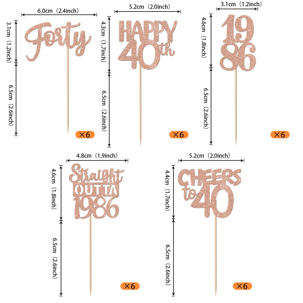 ZHUOWEISM 30Pcs Glitter 40th Birthday Cupcake Toppers — Straight Outta 1986, Rose Gold