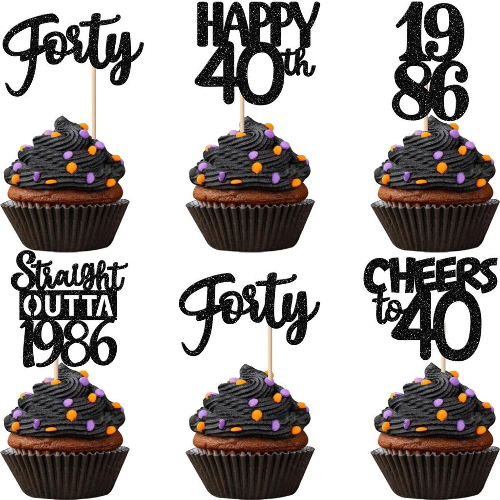 ZHUOWEISM 30pcs Black Glitter Cupcake Toppers - Straight Outta 1986 for 40th Birthday & Anniversary