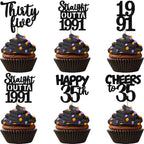 ZHUOWEISM 30Pcs Black Glitter Cupcake Toppers | Straight Outta 1991 35th Birthday Party Decorations