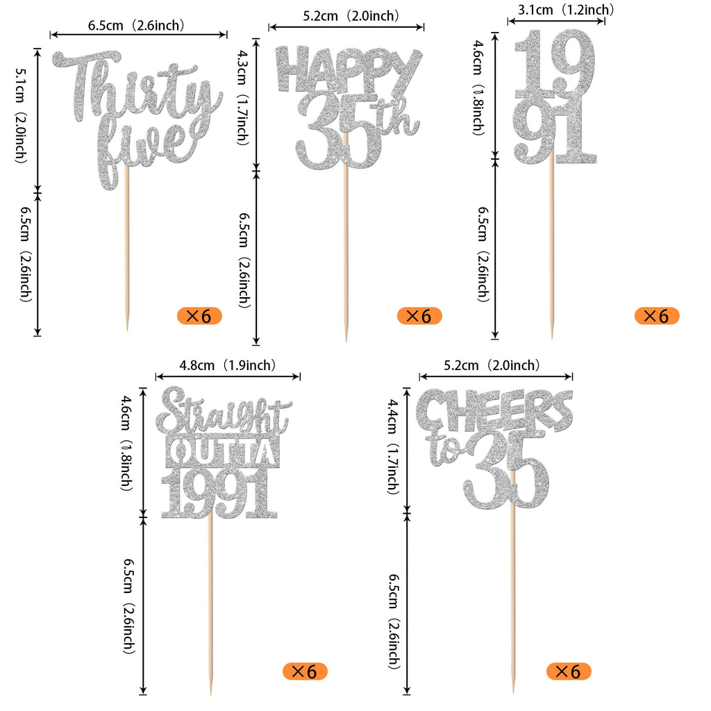 ZHUOWEISM 30 Pcs 35th Birthday Cupcake Toppers Glitter – Straight Outta 1991 Party Picks (Silver)