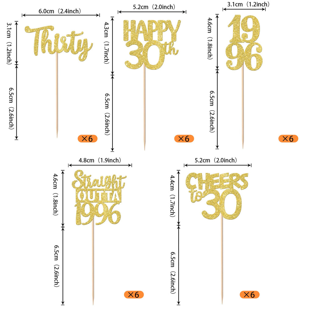 ZHUOWEISM 30PCS Straight Outta 1996 Cupcake Toppers - Gold Glitter 30th Birthday Picks