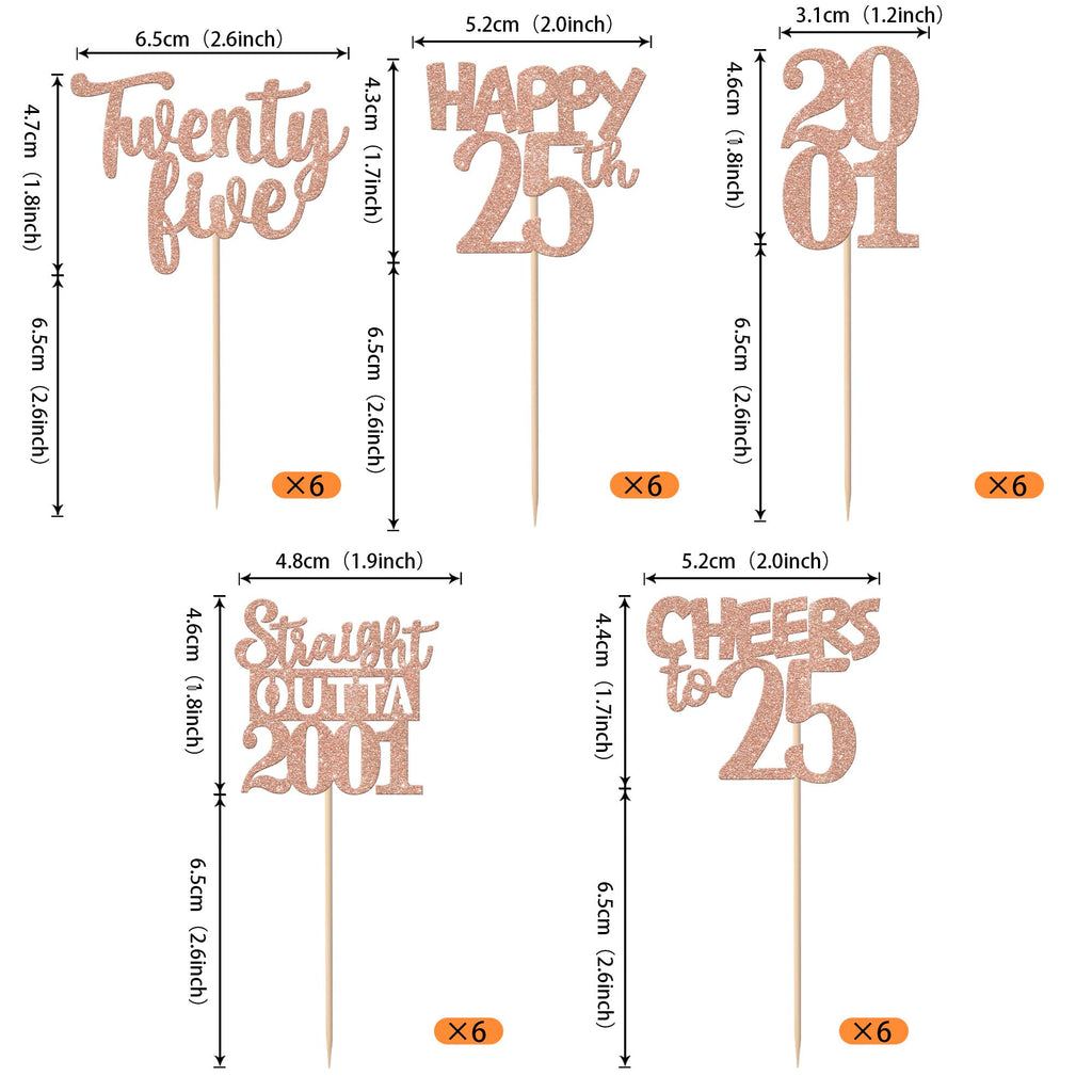 ZHUOWEISM 30Pcs Rose Gold 25th Birthday Cupcake Toppers Glitter – Straight Outta 2001