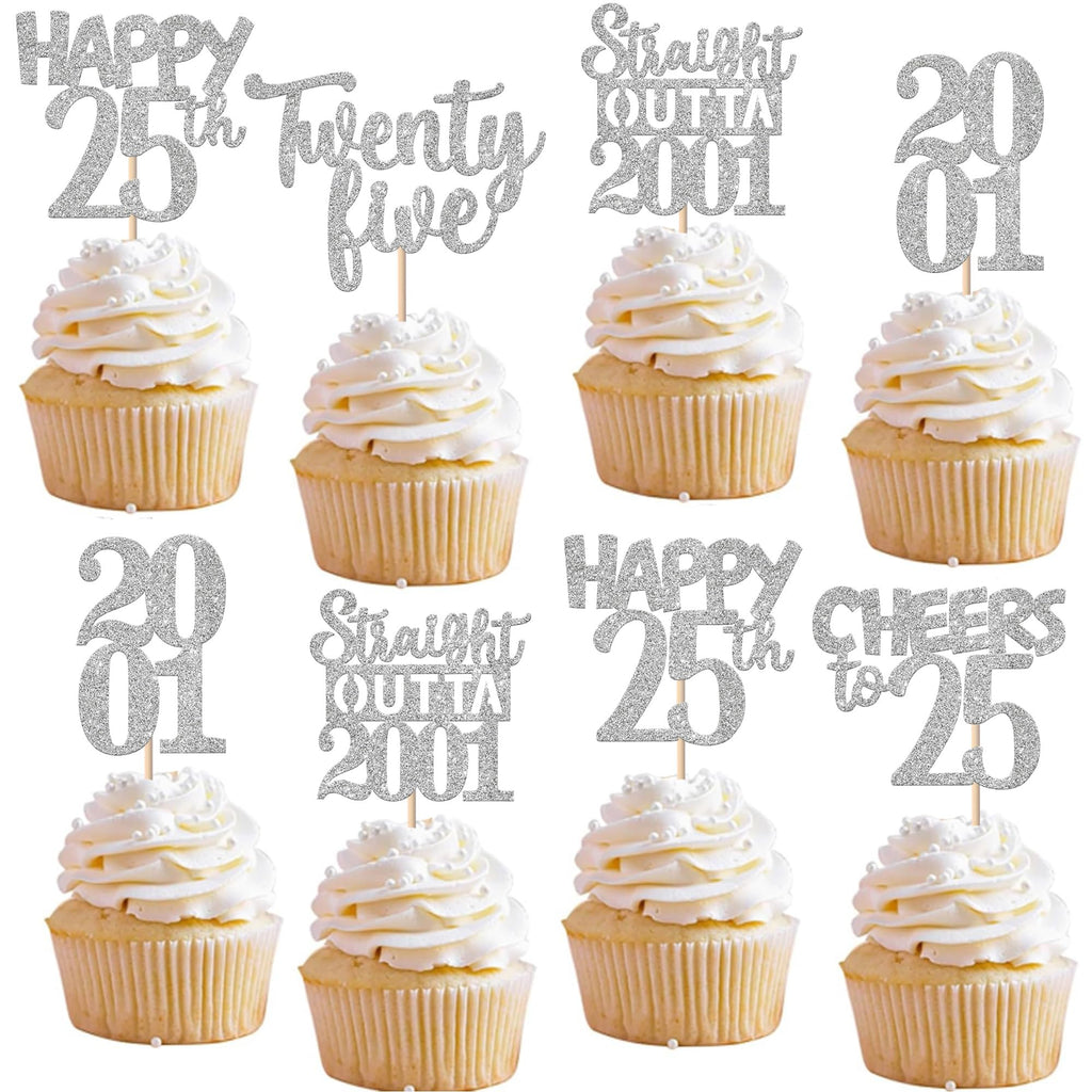 ZHUOWEISM 30Pcs Straight Outta 2001 Cupcake Toppers – Glitter 25th Birthday Picks, Silver