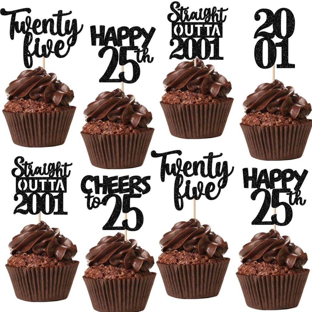 ZHUOWEISM 30Pcs Black Glitter Cupcake Toppers – Happy 25th Birthday, Straight Outta 2001, Party Cake Decorations
