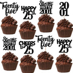 ZHUOWEISM 30Pcs Black Glitter Cupcake Toppers – Happy 25th Birthday, Straight Outta 2001, Party Cake Decorations