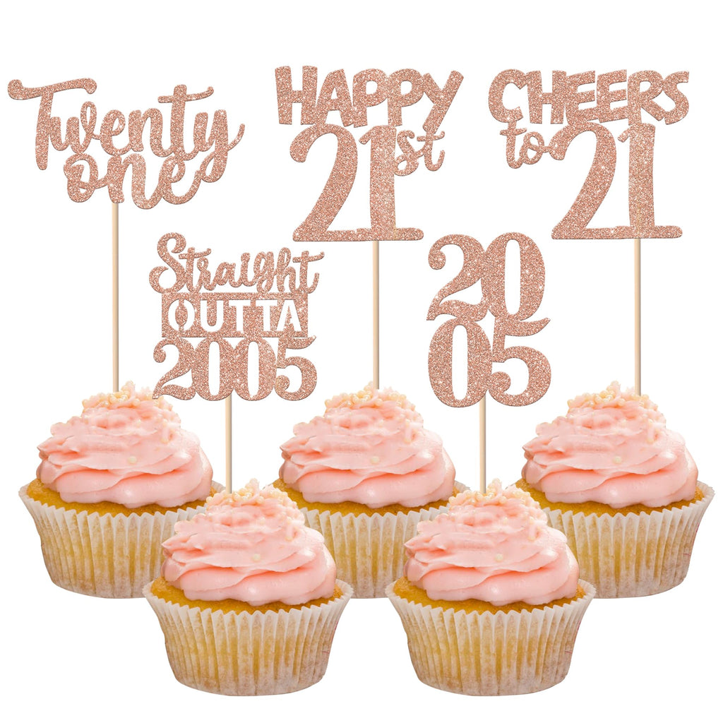 ZHUOWEISM 30Pcs Glitter 21st Birthday Cupcake Toppers – Rose Gold, Straight Outta 2005