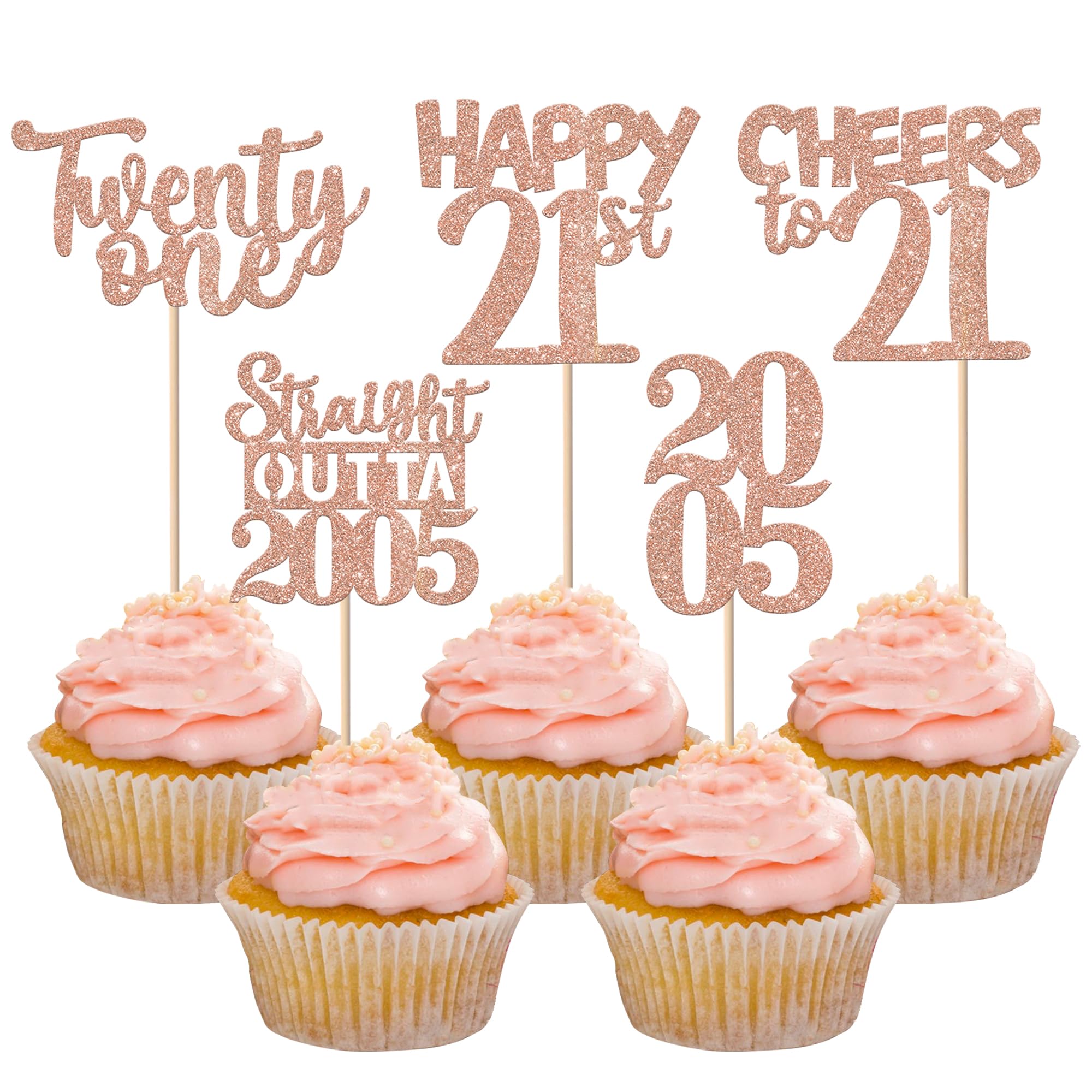 ZHUOWEISM 30Pcs Glitter 21st Birthday Cupcake Toppers – Rose Gold, Straight Outta 2005