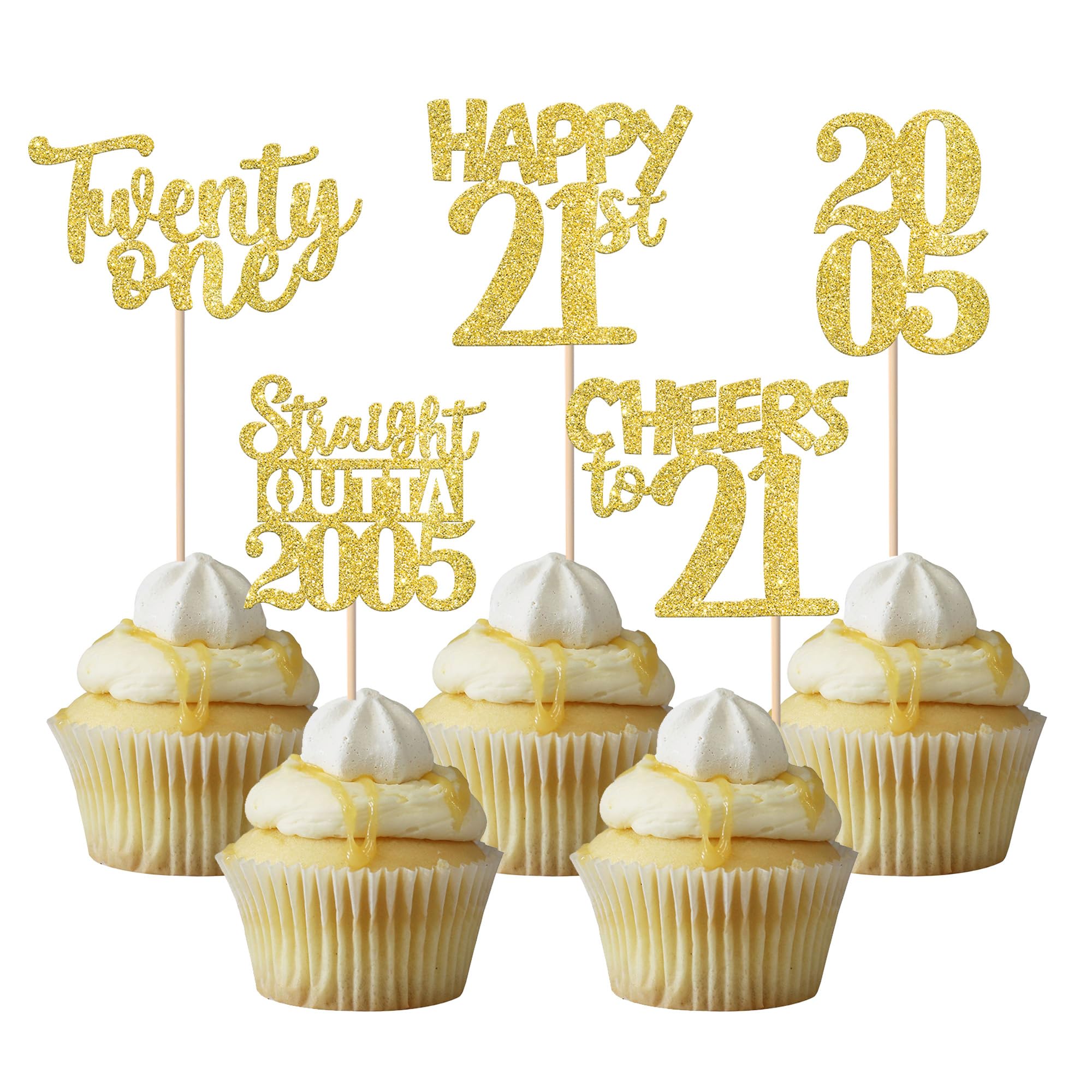 ZHUOWEISM 30Pcs Happy 21st Birthday Cupcake Toppers – Gold Glitter Straight Outta 2005