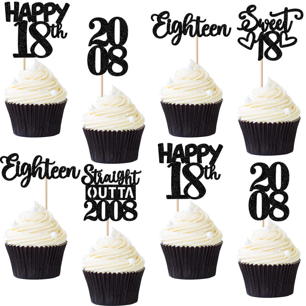 ZHUOWEISM 30Pcs Black Glitter 18th Birthday Cupcake Toppers — Straight Outta 2008 Party Decor