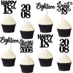 ZHUOWEISM 30Pcs Black Glitter 18th Birthday Cupcake Toppers — Straight Outta 2008 Party Decor