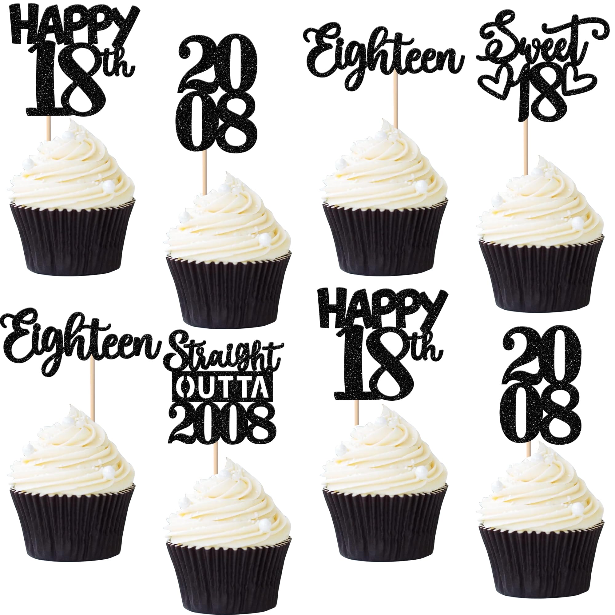 ZHUOWEISM 30Pcs Black Glitter 18th Birthday Cupcake Toppers — Straight Outta 2008 Party Decor