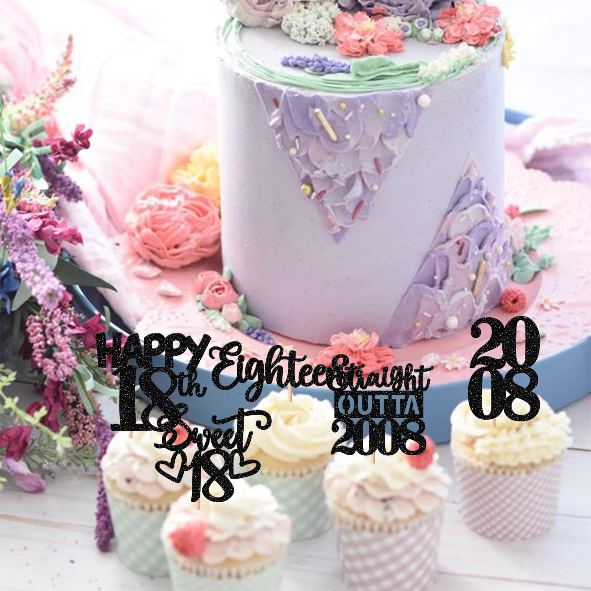 ZHUOWEISM 30Pcs Black Glitter 18th Birthday Cupcake Toppers — Straight Outta 2008 Party Decor